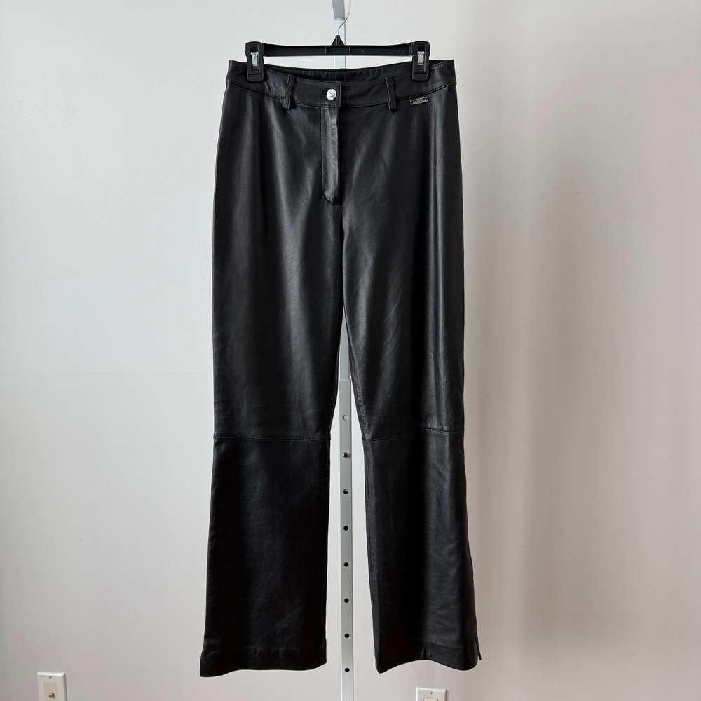 St John Sport Marie Gray sz 8 Black 100% Leather Pants‎ Straight Leg Luxury